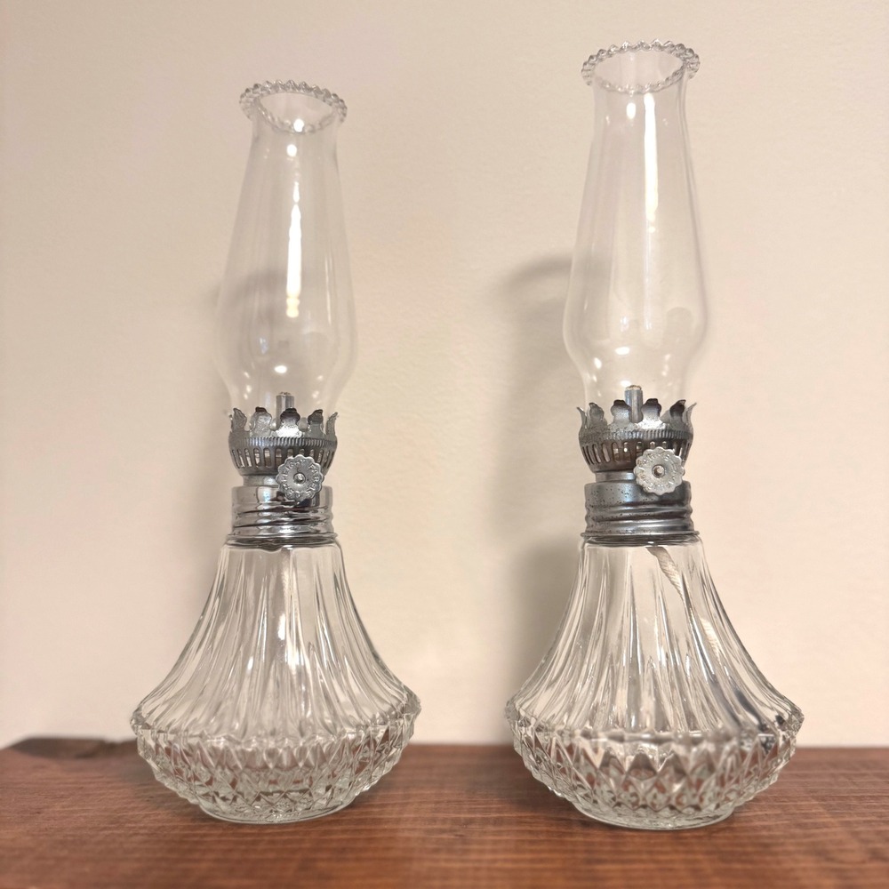 Vintage Lamplight Farms Miniature Clear Glass Oil Lamps Set of 2,  8.5"
